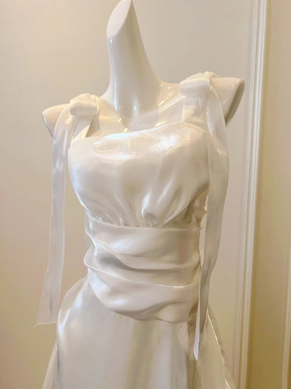 Lustrous Bows White Prom Dress Satin Long Evening Dress GG5883