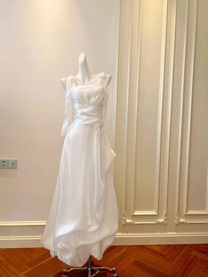 Lustrous Bows White Prom Dress Satin Long Evening Dress GG5883