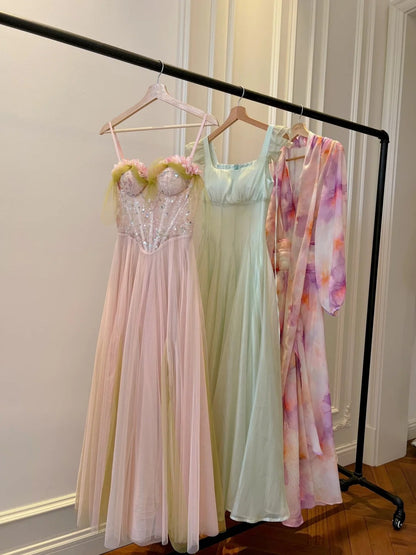 Alluring Spaghetti Straps Pink Tulle Prom Dress Sequins A-Line Evening Dress GG5884