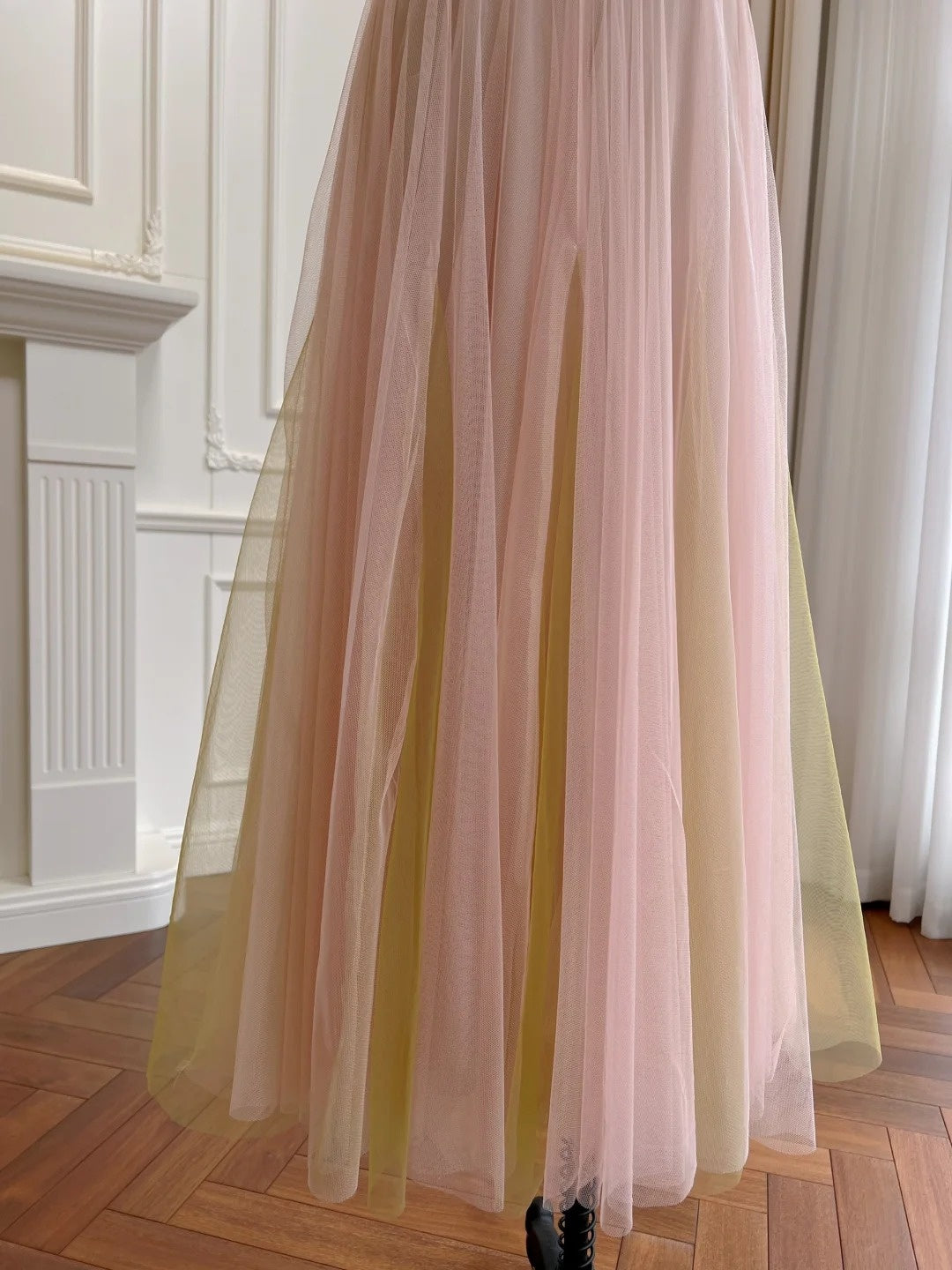 Alluring Spaghetti Straps Pink Tulle Prom Dress Sequins A-Line Evening Dress GG5884