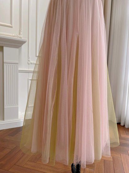 Alluring Spaghetti Straps Pink Tulle Prom Dress Sequins A-Line Evening Dress GG5884