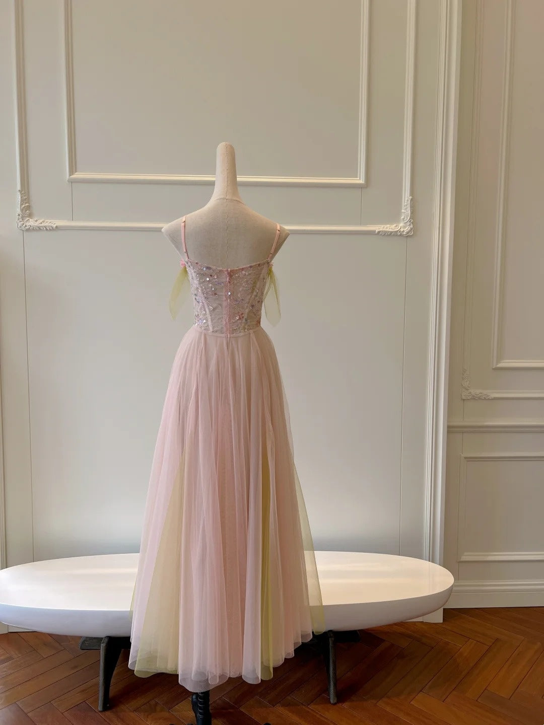 Alluring Spaghetti Straps Pink Tulle Prom Dress Sequins A-Line Evening Dress GG5884