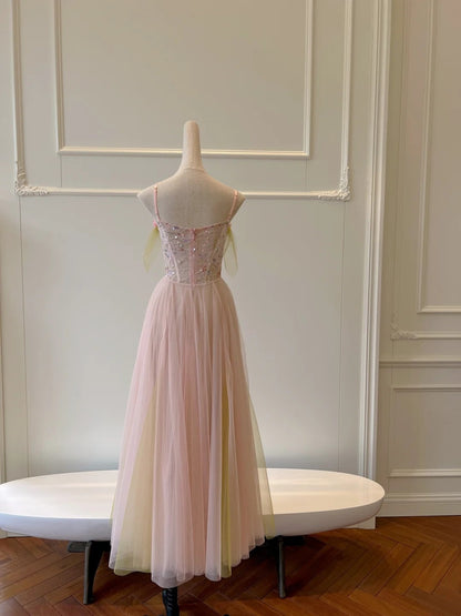 Alluring Spaghetti Straps Pink Tulle Prom Dress Sequins A-Line Evening Dress GG5884