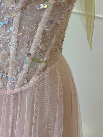 Alluring Spaghetti Straps Pink Tulle Prom Dress Sequins A-Line Evening Dress GG5884