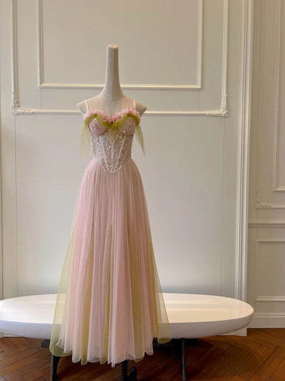 Alluring Spaghetti Straps Pink Tulle Prom Dress Sequins A-Line Evening Dress GG5884