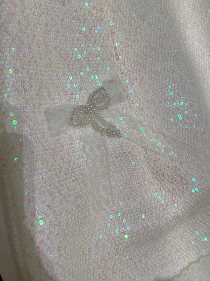 Glittering Spaghetti Straps Homecoming Dress White Bows Birthday Dress Sequins Beads A-Line Mini Dress GG5885