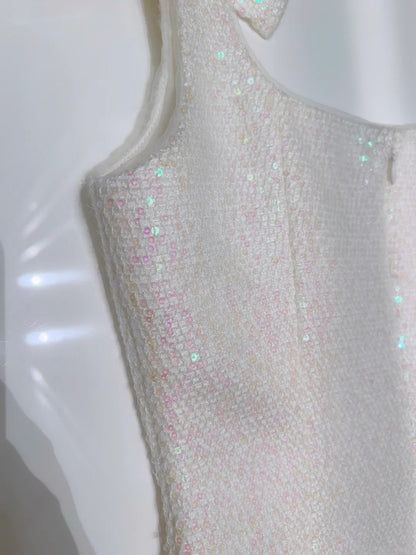 Glittering Spaghetti Straps Homecoming Dress White Bows Birthday Dress Sequins Beads A-Line Mini Dress GG5885