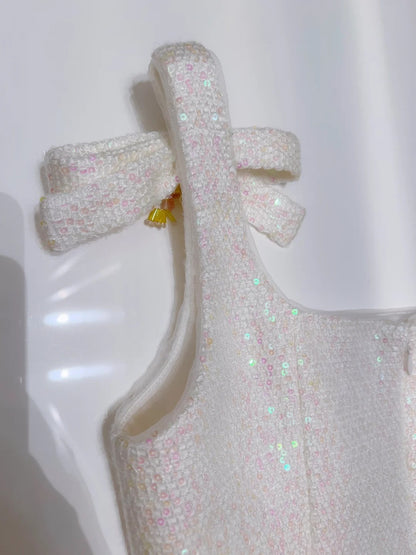 Glittering Spaghetti Straps Homecoming Dress White Bows Birthday Dress Sequins Beads A-Line Mini Dress GG5885
