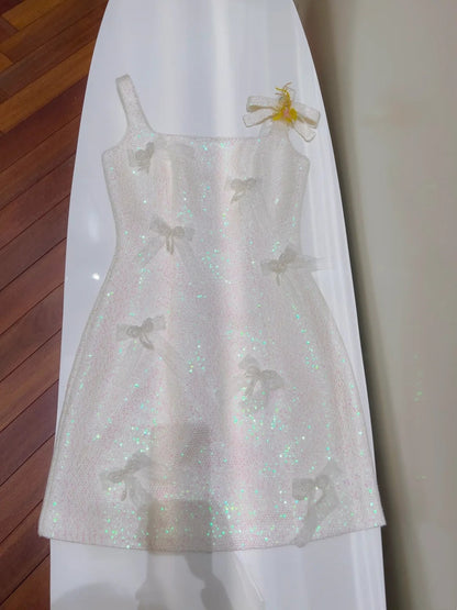 Glittering Spaghetti Straps Homecoming Dress White Bows Birthday Dress Sequins Beads A-Line Mini Dress GG5885