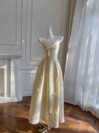 Graceful Spaghetti Straps Yellow Prom Dress Bows Satin A-Line Evening Dress GG5887