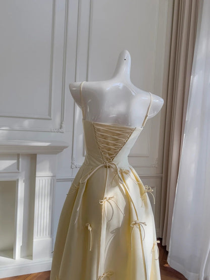 Graceful Spaghetti Straps Yellow Prom Dress Bows Satin A-Line Evening Dress GG5887