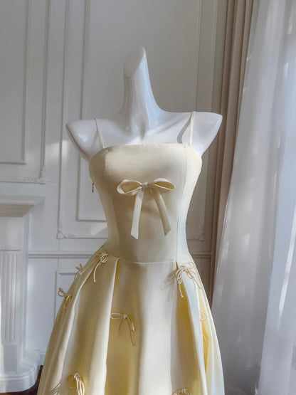 Graceful Spaghetti Straps Yellow Prom Dress Bows Satin A-Line Evening Dress GG5887