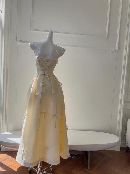 Graceful Spaghetti Straps Yellow Prom Dress Bows Satin A-Line Evening Dress GG5887