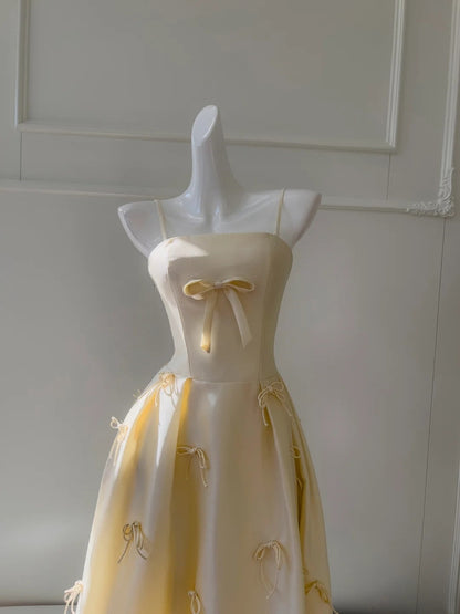 Graceful Spaghetti Straps Yellow Prom Dress Bows Satin A-Line Evening Dress GG5887