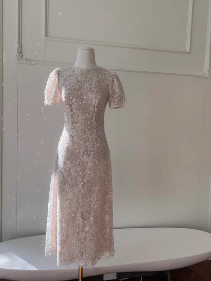 Sparkly Short Sleeve Light Pink Prom Dress Lace Sequins A-Line Evening Dress GG5892