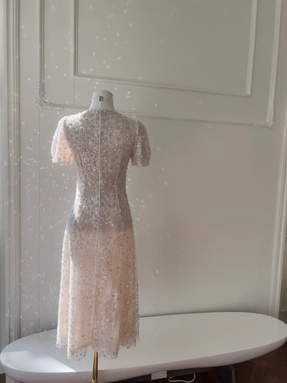 Sparkly Short Sleeve Light Pink Prom Dress Lace Sequins A-Line Evening Dress GG5892
