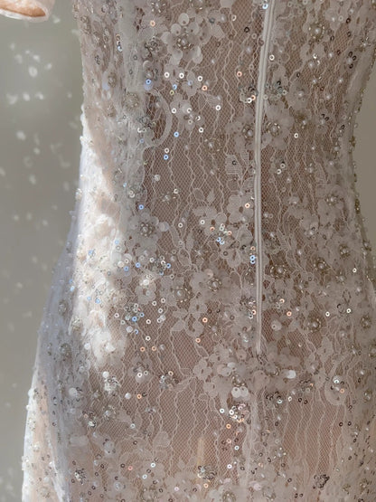 Sparkly Short Sleeve Light Pink Prom Dress Lace Sequins A-Line Evening Dress GG5892
