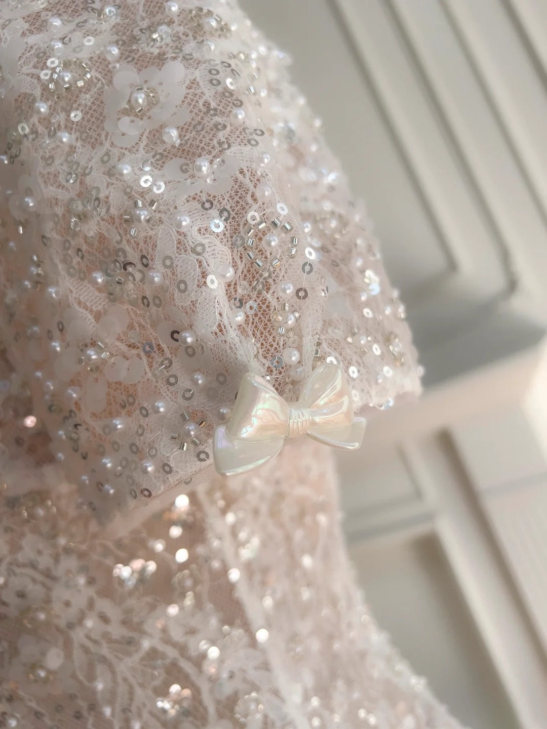 Sparkly Short Sleeve Light Pink Prom Dress Lace Sequins A-Line Evening Dress GG5892