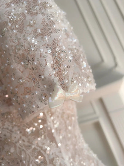 Sparkly Short Sleeve Light Pink Prom Dress Lace Sequins A-Line Evening Dress GG5892