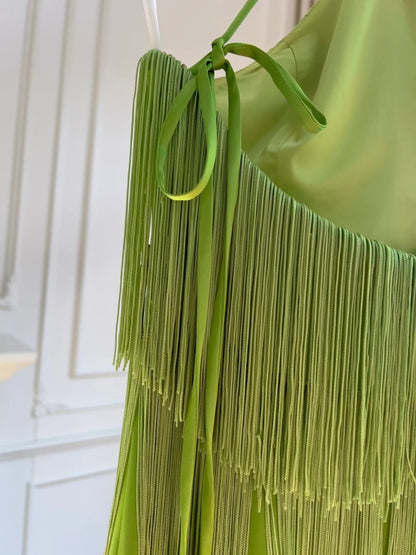 Retro Halter Neck Green Prom Dress Tassel A-Line Evening Dress GG5893
