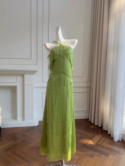 Retro Halter Neck Green Prom Dress Tassel A-Line Evening Dress GG5893