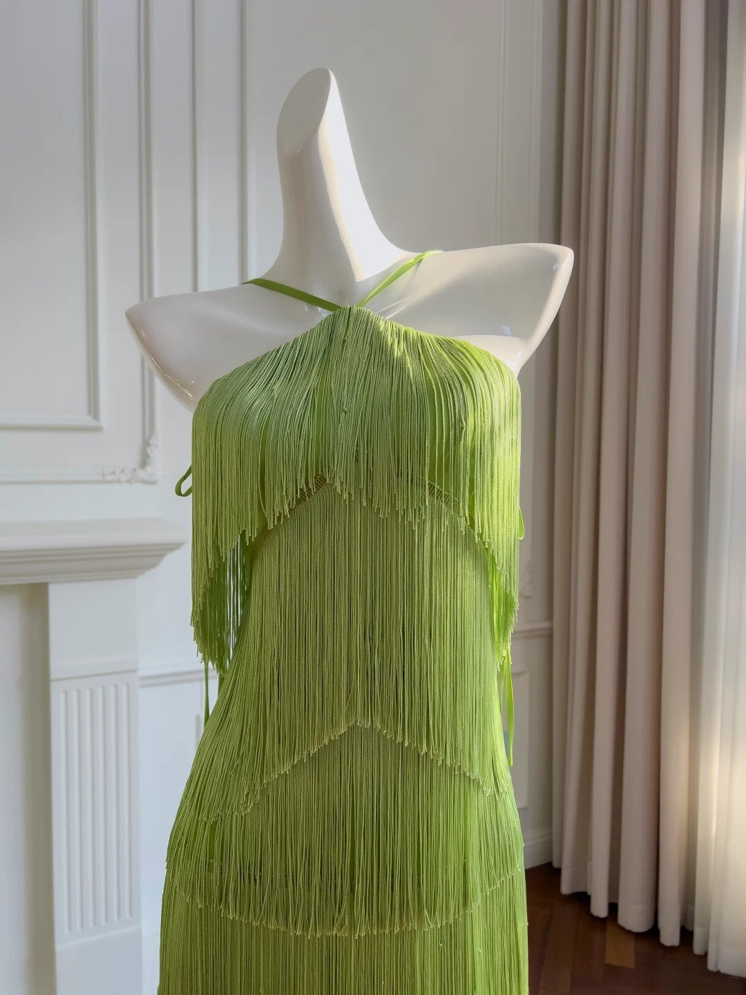 Retro Halter Neck Green Prom Dress Tassel A-Line Evening Dress GG5893