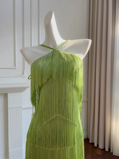 Retro Halter Neck Green Prom Dress Tassel A-Line Evening Dress GG5893