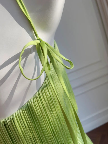 Retro Halter Neck Green Prom Dress Tassel A-Line Evening Dress GG5893