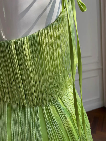 Retro Halter Neck Green Prom Dress Tassel A-Line Evening Dress GG5893
