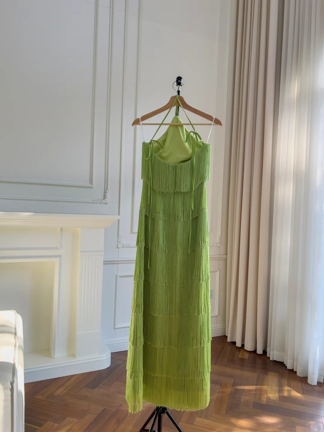 Retro Halter Neck Green Prom Dress Tassel A-Line Evening Dress GG5893