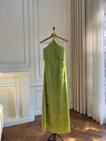 Retro Halter Neck Green Prom Dress Tassel A-Line Evening Dress GG5893
