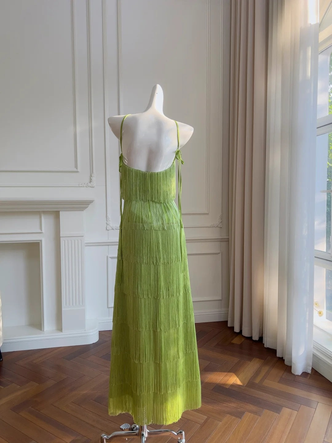 Retro Halter Neck Green Prom Dress Tassel A-Line Evening Dress GG5893