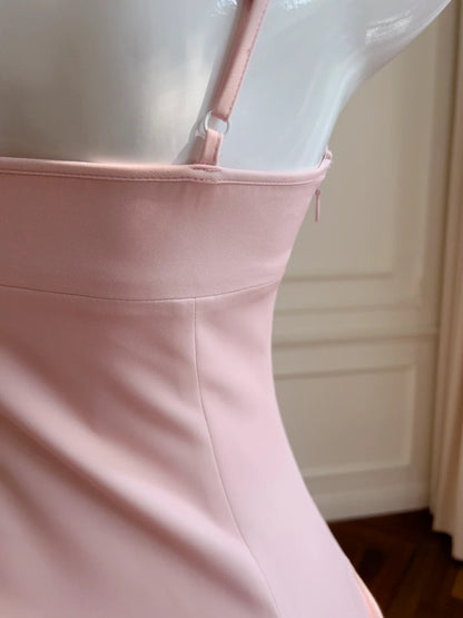Simple Spaghetti Straps Pink Prom Dress Satin Tulle A-Line Evening Dress GG5894