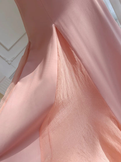 Simple Spaghetti Straps Pink Prom Dress Satin Tulle A-Line Evening Dress GG5894