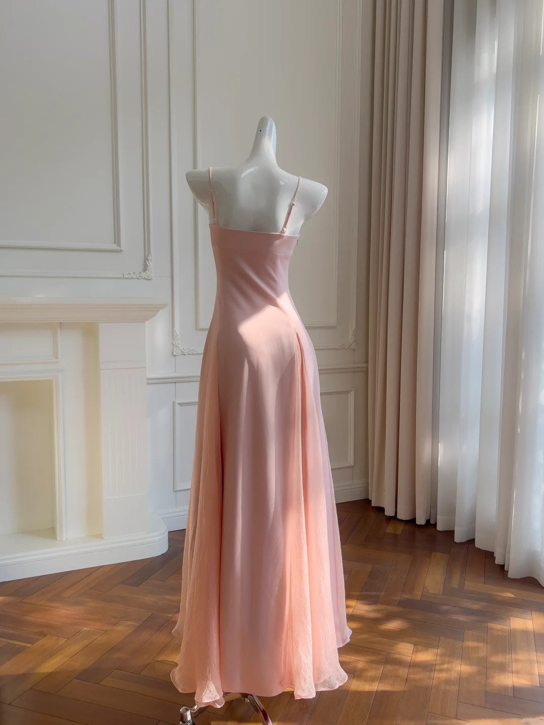 Simple Spaghetti Straps Pink Prom Dress Satin Tulle A-Line Evening Dress GG5894