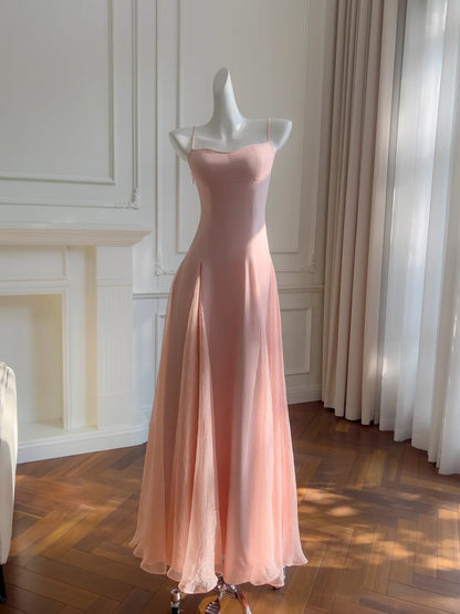 Simple Spaghetti Straps Pink Prom Dress Satin Tulle A-Line Evening Dress GG5894