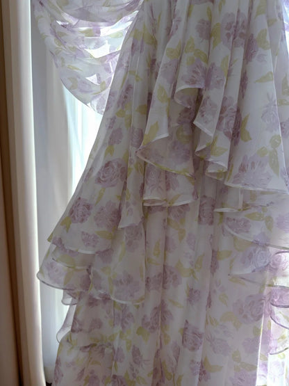 Charming Floral Chiffon Prom Dress Halter Neck A-Line Evening Dress GG5896