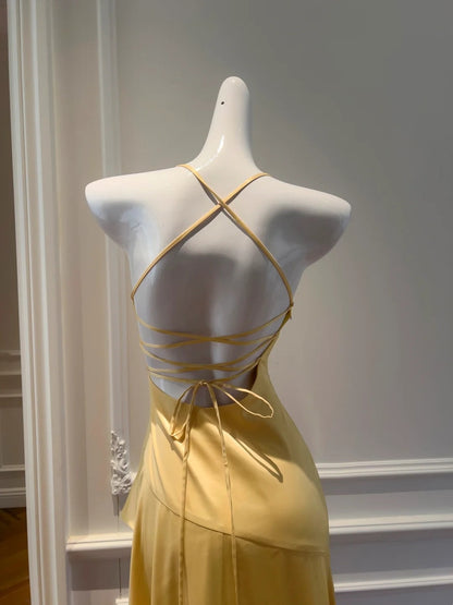 Unique Yellow Homecoming Dress Ruffled Halter Birthday Dress A-Line Mini Dress GG5898