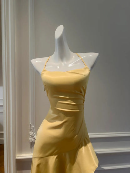 Unique Yellow Homecoming Dress Ruffled Halter Birthday Dress A-Line Mini Dress GG5898