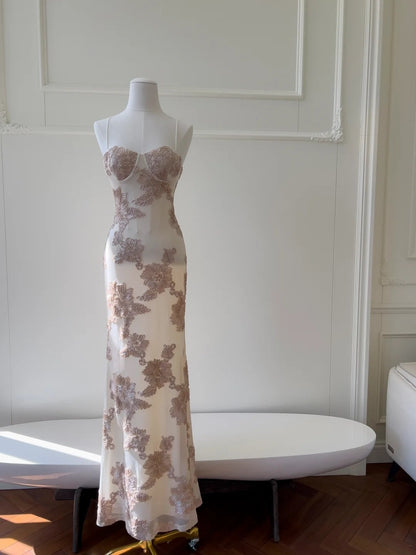 Retro Spaghetti Straps Prom Dress Textured Florals Evening Dress GG5902
