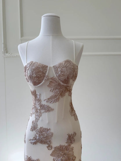 Retro Spaghetti Straps Prom Dress Textured Florals Evening Dress GG5902