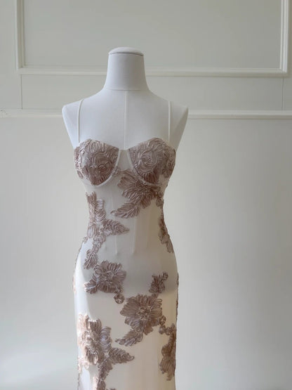 Retro Spaghetti Straps Prom Dress Textured Florals Evening Dress GG5902