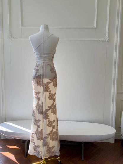 Retro Spaghetti Straps Prom Dress Textured Florals Evening Dress GG5902