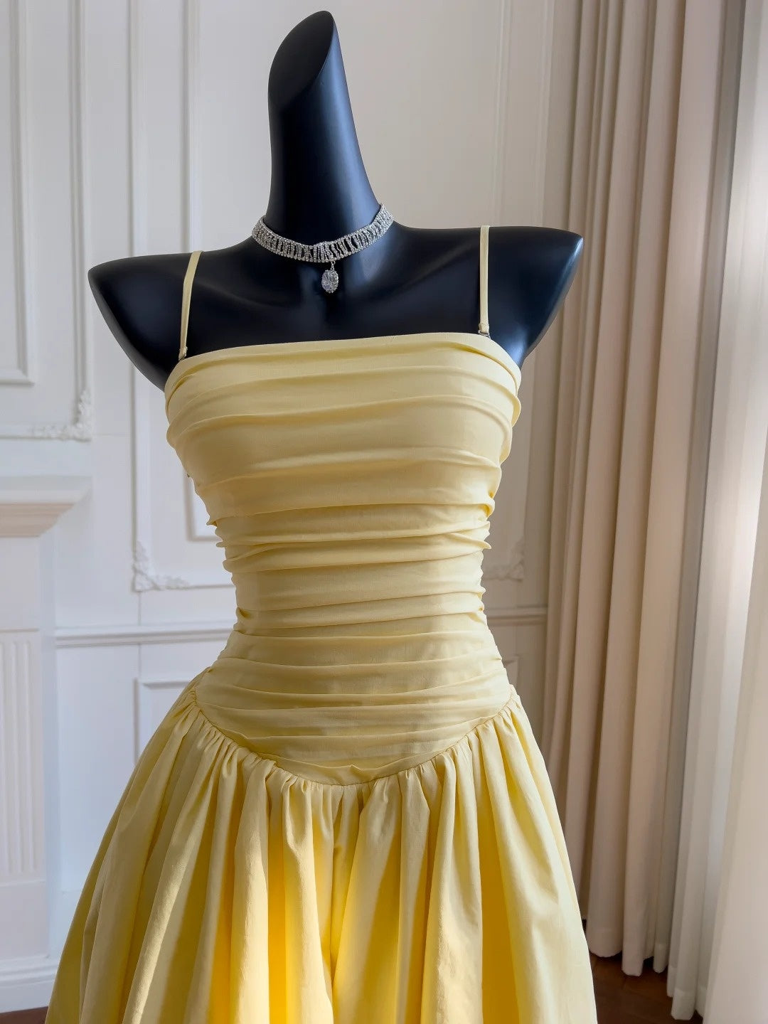 Simple Spaghetti Straps Yellow Prom Dress Ruched A-Line Evening Dress GG5903