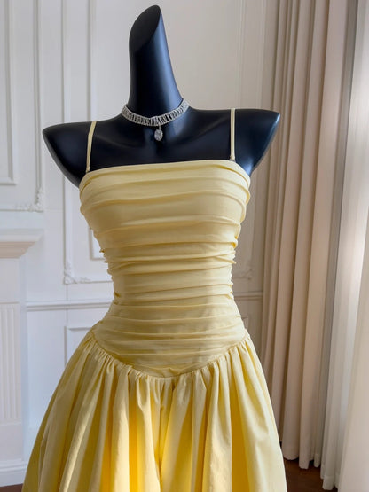 Simple Spaghetti Straps Yellow Prom Dress Ruched A-Line Evening Dress GG5903
