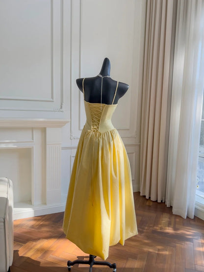 Simple Spaghetti Straps Yellow Prom Dress Ruched A-Line Evening Dress GG5903