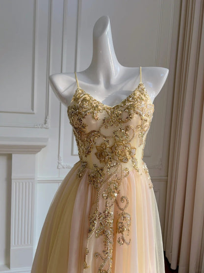 Sparkly Spaghetti Straps Tulle Prom Dress Sequins A-Line Evening Dress GG5904