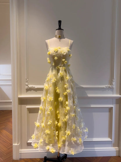 Lovely Spaghetti Straps Yellow Prom Dress Appliques A-Line Evening Dress GG5905
