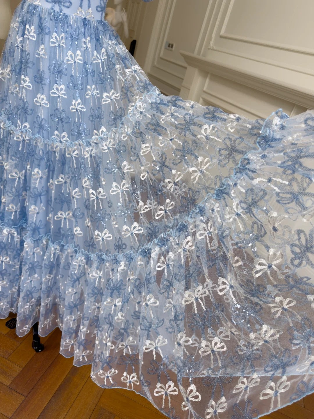 Romantic Short Sleeve Blue Prom Dress Bows A-Line Evening Dress GG5906