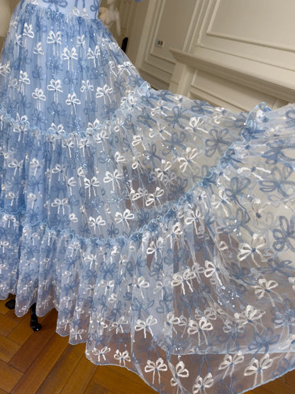 Romantic Short Sleeve Blue Prom Dress Bows A-Line Evening Dress GG5906